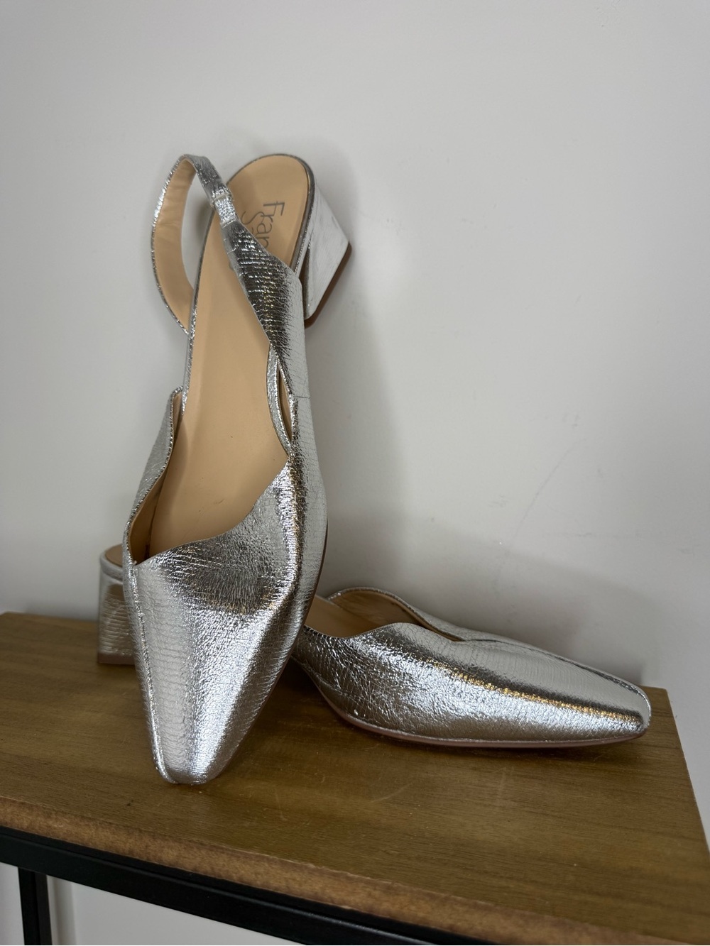 Farylrobin Silver Metallic Slingback Block Heel Pumps